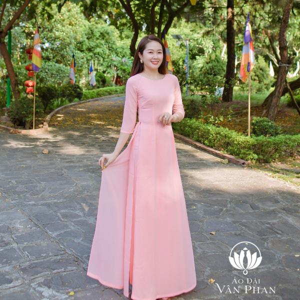 A802CT bộ áo dài chiffon hồng phấn bốn tà cổ tròn (ĐÃ GỒM QUẦN)