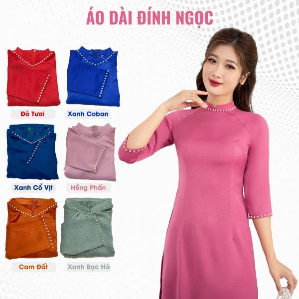 Áo dài truyền thống nữ đính hạt Kết Ngọc quanh cổ và cổ tay, vải lụa tây thi may sẵn 2 tà mềm mịn mặc bốn mùa đẹp