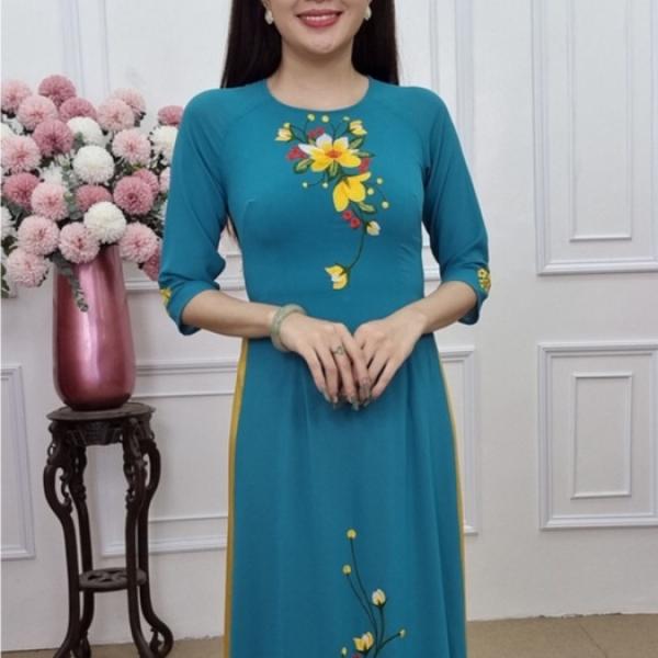 Tặng 80 áo dài xanh thiên thanh hoa vàng (KHÔNG GỒM QUẦN)